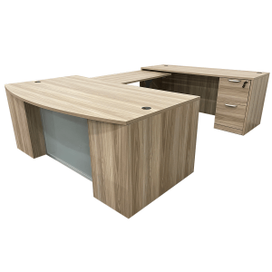 COE 71' W Bow Front U-Shape Desk W/ Glass Modesty Panel & Height Adjustable Bridge In American Elm