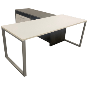 72" W White Laminated Layered Desk W/ Storage Credenza